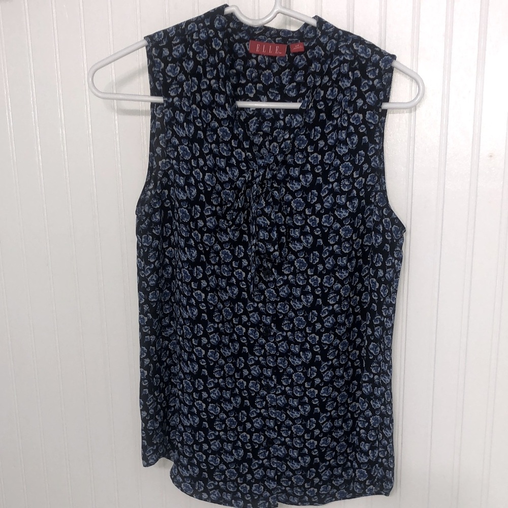 ELLE Slvless BOW Vneck Floral Blue & Black EASYCARE Button Front EUC